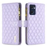 Peněženkové kožené pouzdro Diamond Lattice Zipper na Oppo Reno 7 5G - Fialová