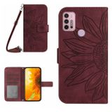 Peněženkové kožené pouzdro Sunflower Embossed na Moto G10/G20/G30 - Vínová červená