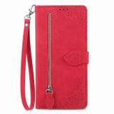 Peněženkové kožené pouzdro Flower Zipper na Xiaomi Redmi Note 13 - Červená