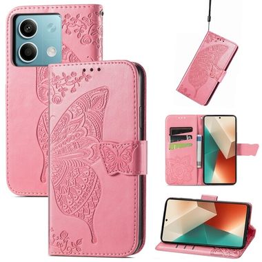 Peněženkové kožené pouzdro Butterfly Love na Xiaomi Redmi Note 13 - Růžová