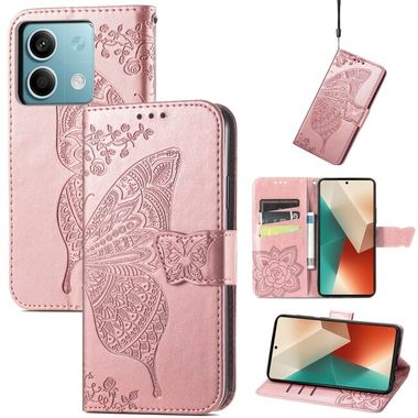 Peněženkové kožené pouzdro Butterfly Love na Xiaomi Redmi Note 13 - Růžové zlato