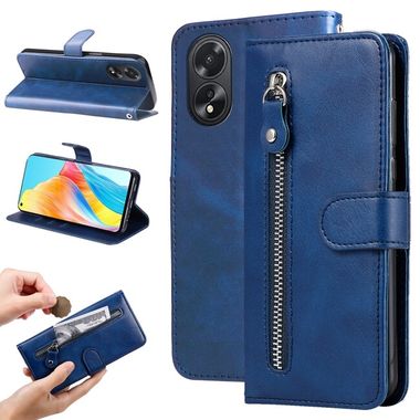 Peněženkové kožené pouzdro Calf Zipper na Oppo A38 - Modrá