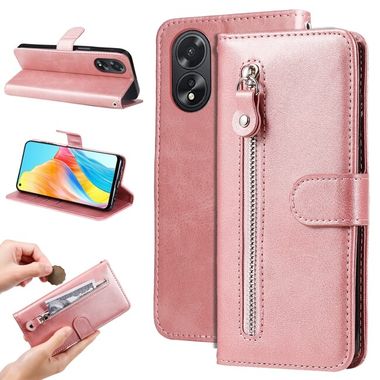 Peněženkové kožené pouzdro Calf Zipper na Oppo A38 - Růžová zlatá