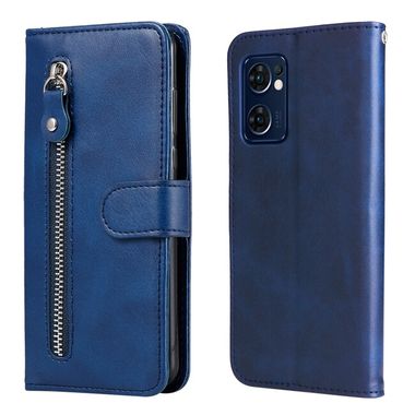 Peněženkové kožené pouzdro Calf Zipper na Oppo Reno 7 5G - Modrá