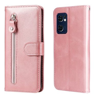 Peněženkové kožené pouzdro Calf Zipper na Oppo Reno 7 5G - Růžová zlatá