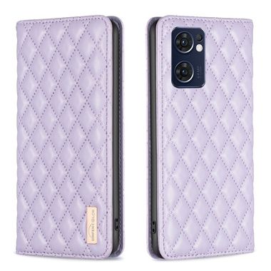 Peněženkové kožené pouzdro Diamond Lattice Flip na Oppo Reno 7 5G - Fialová