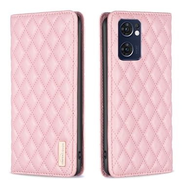 Peněženkové kožené pouzdro Diamond Lattice Flip na Oppo Reno 7 5G - Růžová