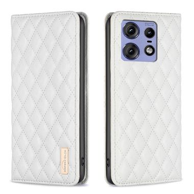 Peněženkové kožené pouzdro Diamond Lattice na Motorola Edge 50 Pro - Bílá