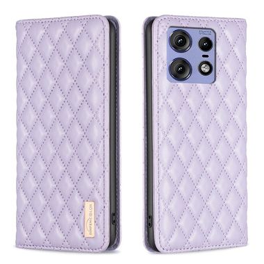 Peněženkové kožené pouzdro Diamond Lattice na Motorola Edge 50 Pro - Fialová