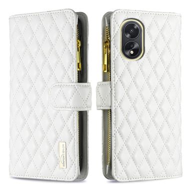 Peněženkové kožené pouzdro Diamond Lattice Zipper na Oppo A38 - Bílá