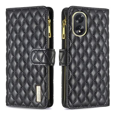 Peněženkové kožené pouzdro Diamond Lattice Zipper na Oppo A38 - Černá