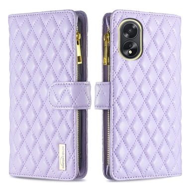 Peněženkové kožené pouzdro Diamond Lattice Zipper na Oppo A38 - Fialová