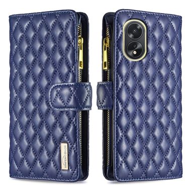 Peněženkové kožené pouzdro Diamond Lattice Zipper na Oppo A38 - Modrá