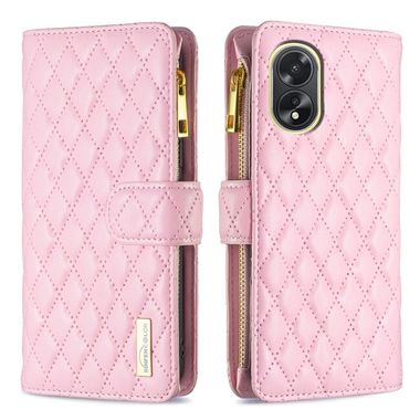 Peněženkové kožené pouzdro Diamond Lattice Zipper na Oppo A38 - Růžová