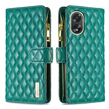 Peněženkové kožené pouzdro Diamond Lattice Zipper na Oppo A38 - Zelená