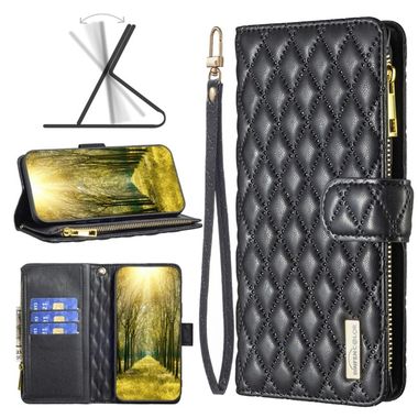 Peněženkové kožené pouzdro Diamond Lattice Zipper na Oppo Reno 7 5G - Černá