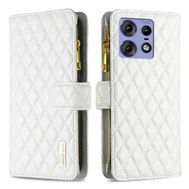 Peněženkové kožené pouzdro Diamond Zipper pro Motorola Edge 50 Pro - Bílá