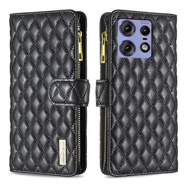 Peněženkové kožené pouzdro Diamond Zipper na Motorola Edge 50 Pro - Černá