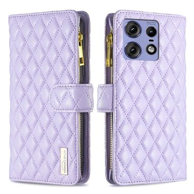 Peněženkové kožené pouzdro Diamond Zipper pro Motorola Edge 50 Pro - Fialová