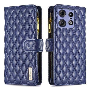 Peněženkové kožené pouzdro Diamond Zipper pro Motorola Edge 50 Pro - Modrá