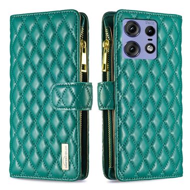 Peněženkové kožené pouzdro Diamond Zipper pro Motorola Edge 50 Pro - Zelená