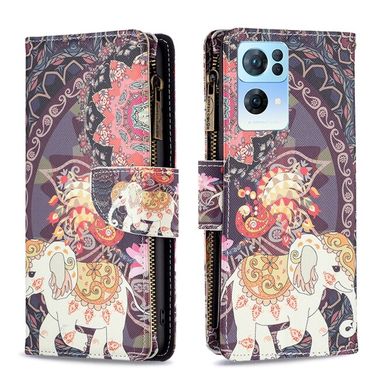 Peněženkové kožené pouzdro Drawing Zipper na Oppo Reno 7 5G - Flower Elephants