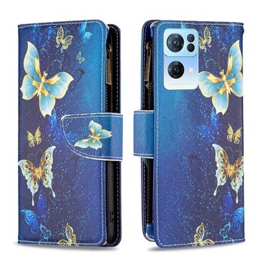 Peněženkové kožené pouzdro Drawing Zipper na Oppo Reno 7 5G - Gold Butterfly