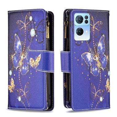 Peněženkové kožené pouzdro Drawing Zipper na Oppo Reno 7 5G - Purple Butterfly