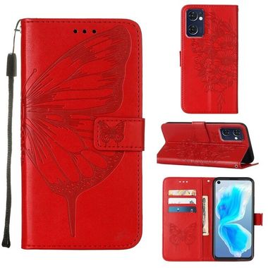 Peněženkové kožené pouzdro Embossed Butterfly na Oppo Reno 7 5G - Červená