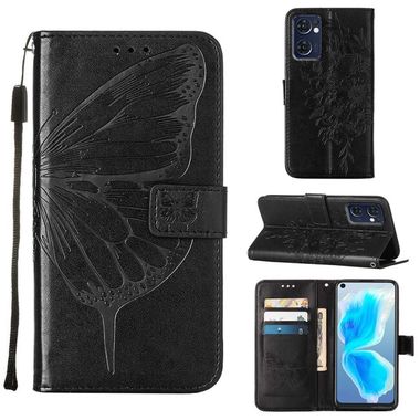 Peněženkové kožené pouzdro Embossed Butterfly na Oppo Reno 7 5G - Černá