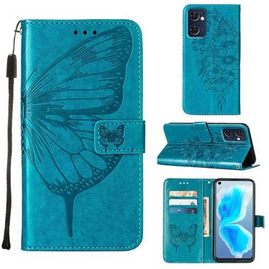 Peněženkové kožené pouzdro Embossed Butterfly na Oppo Reno 7 5G - Modrá