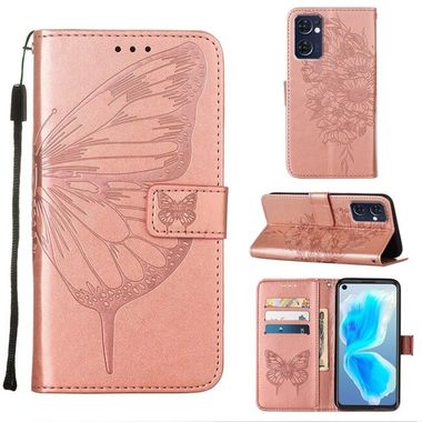 Peněženkové kožené pouzdro Embossed Butterfly na Oppo Reno 7 5G - Růžová zlatá