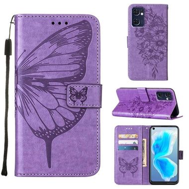 Peněženkové kožené pouzdro Embossed Butterfly na Oppo Reno 7 5G - Světle fialová