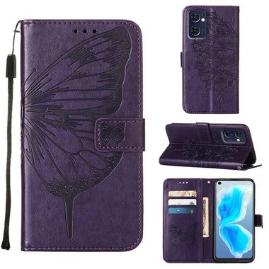 Peněženkové kožené pouzdro Embossed Butterfly na Oppo Reno 7 5G - Tmavá fialová