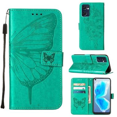 Peněženkové kožené pouzdro Embossed Butterfly na Oppo Reno 7 5G - Zelená