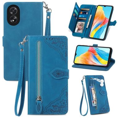 Peněženkové kožené pouzdro Flower Zipper na Oppo A38 - Modrá