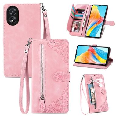 Peněženkové kožené pouzdro Flower Zipper na Oppo A38 - Růžová