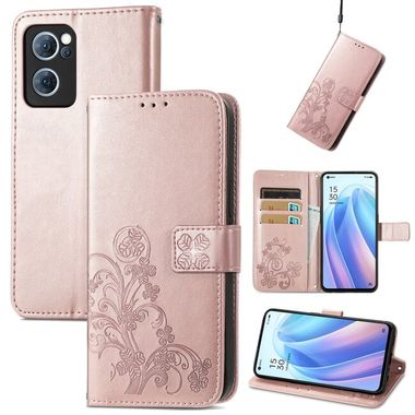 Peněženkové kožené pouzdro Four-leaf na Oppo Reno 7 5G - Růžová zlatá