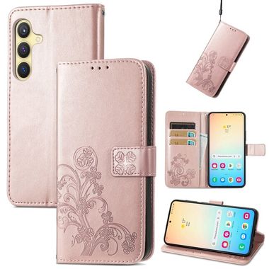 Peněženkové kožené pouzdro Four-leaf pro Samsung Galaxy S24 5G - Růžové zlato
