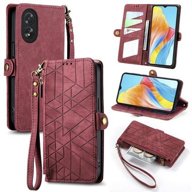 Peněženkové kožené pouzdro Geometric Zipper na Oppo A38 - Červená