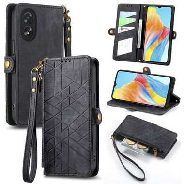 Peněženkové kožené pouzdro Geometric Zipper na Oppo A38 - Černá