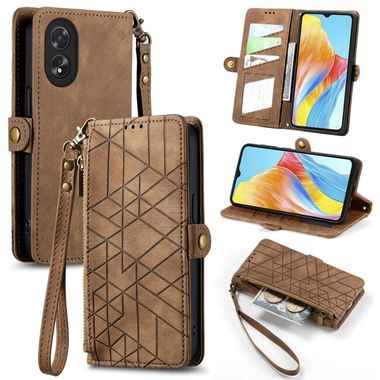 Peněženkové kožené pouzdro Geometric Zipper na Oppo A38 - Hnědá