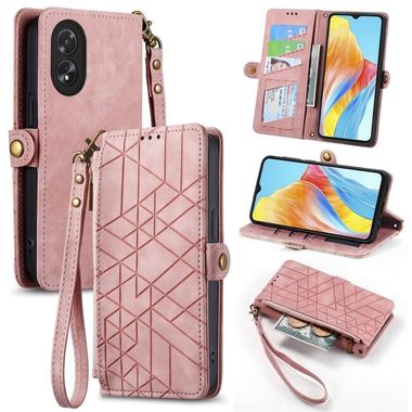 Peněženkové kožené pouzdro Geometric Zipper na Oppo A38 - Růžová