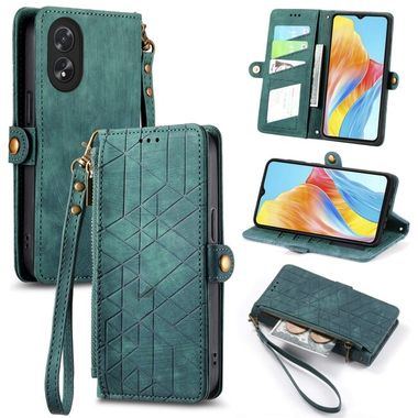 Peněženkové kožené pouzdro Geometric Zipper na Oppo A38 - Zelená