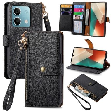 Peněženkové kožené pouzdro Love Zipper na Xiaomi Redmi Note 13 - Černá