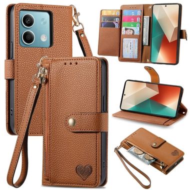 Peněženkové kožené pouzdro Love Zipper na Xiaomi Redmi Note 13 - Hnědá