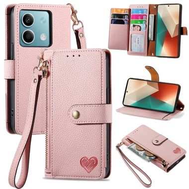 Peněženkové kožené pouzdro Love Zipper na Xiaomi Redmi Note 13 - Růžová