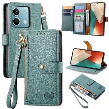 Peněženkové kožené pouzdro Love Zipper na Xiaomi Redmi Note 13 - Zelená