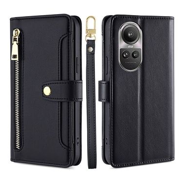 Peněženkové kožené pouzdro Sheep Zipper pro OPPO Reno10 5G/10 Pro 5G - Černá