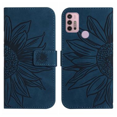 Peněženkové kožené pouzdro Sunflower Embossed na Moto G10/G20/G30 - Inkoustově modrá